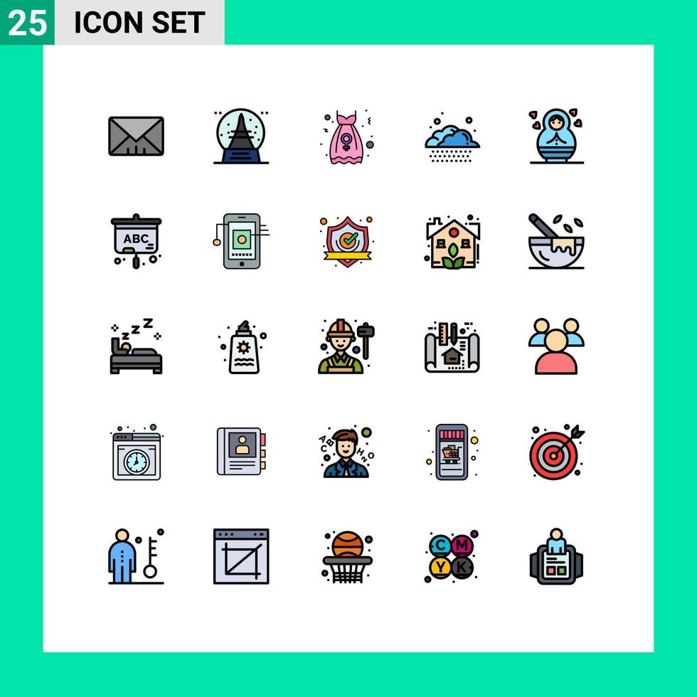 pacote de 25 sinais e símbolos modernos de cores planas de linha preenchida para mídia impressa na web, como projetor vestido de festa infantil chuva de bebê elementos de design vetorial editáveis vetor