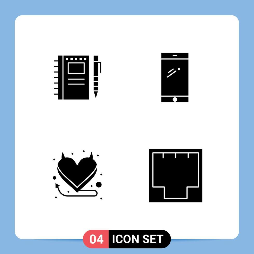 conjunto moderno de 4 glifos e símbolos sólidos, como caderno de desenho, lápis samsung, smartphone, coração, elementos de design de vetores editáveis