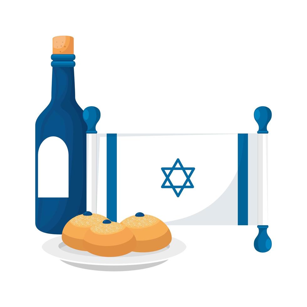 garrafa de vinho com bandeira israel e pães vetor