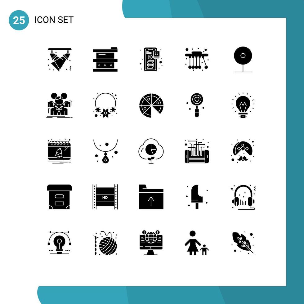 25 glifos sólidos universais definidos para aplicativos da web e móveis física da câmera pagamento de pêndulo perigoso elementos de design de vetores editáveis