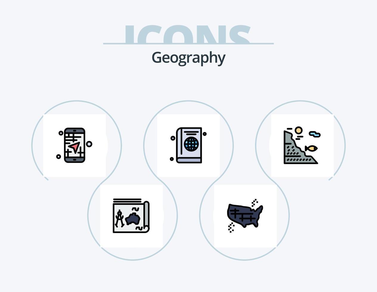 linha de geografia cheia de ícones pack 5 design de ícones. guia. mapa. mar. apartamento. cidade vetor