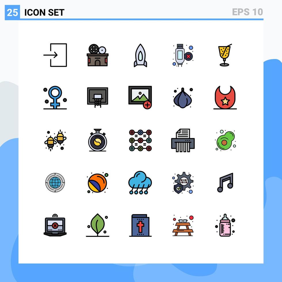 25 interface de usuário linha cheia pacote de cores planas de sinais e símbolos modernos de suco de praia nave espacial hdmi cabo editável vetor elementos de design