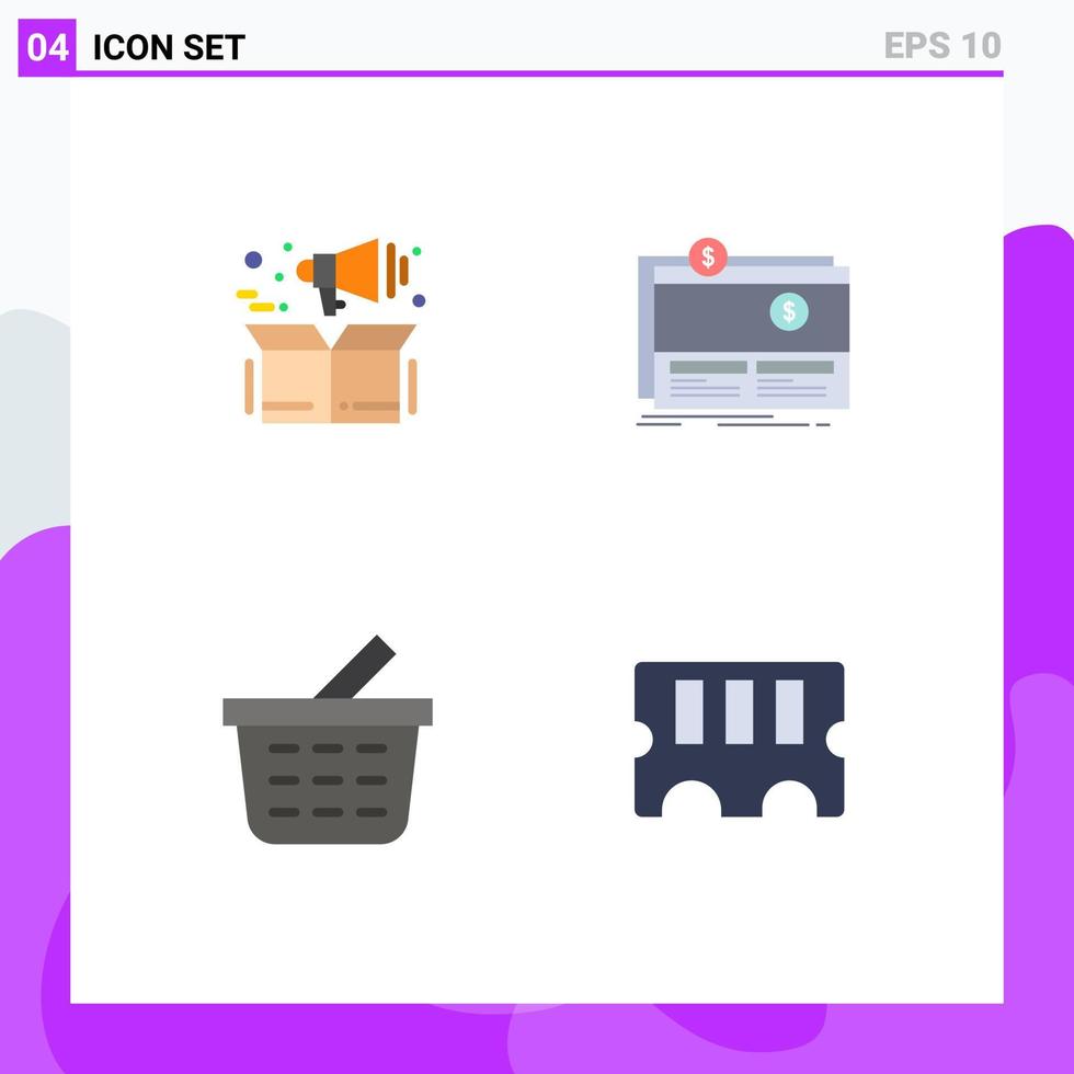 4 ícones planos universais assinam símbolos de caixa de cesto de gerenciamento para arrecadação de fundos carrinho de compras elementos de design de vetores editáveis