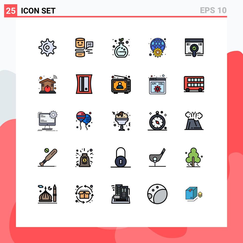 pacote de interface do usuário de 25 cores planas de linha preenchida básica da química da web de pesquisa em todo o mundo elementos de design de vetores editáveis