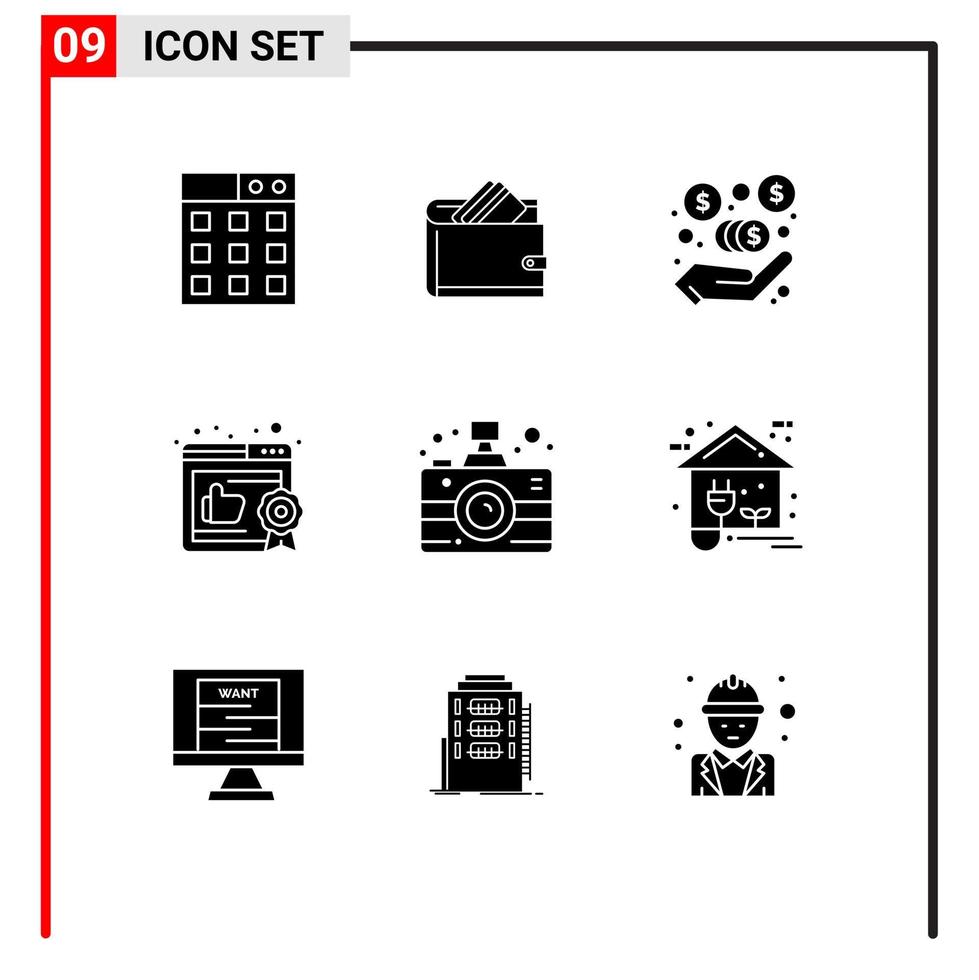 grupo de 9 sinais e símbolos de glifos sólidos para dinheiro de câmera de mídia recomendado elementos de design de vetores editáveis de negócios