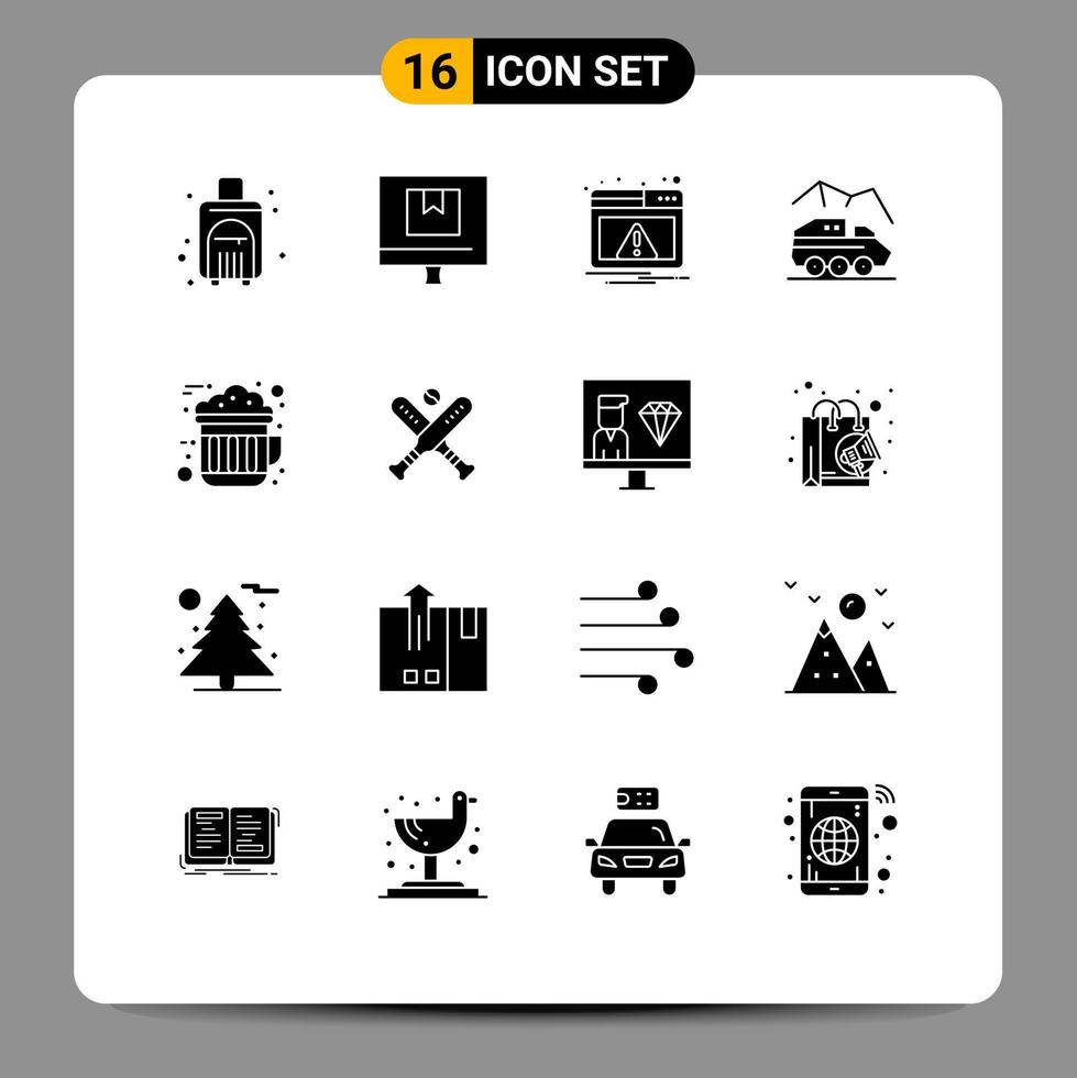 pacote de linha vetorial editável de 16 glifos sólidos simples de elementos de design de vetores editáveis de alerta de planeta on-line rover de transporte