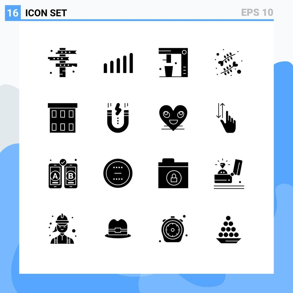 16 glifos sólidos vetoriais temáticos e símbolos editáveis de edifícios romance bebida amor flor elementos editáveis de design vetorial vetor