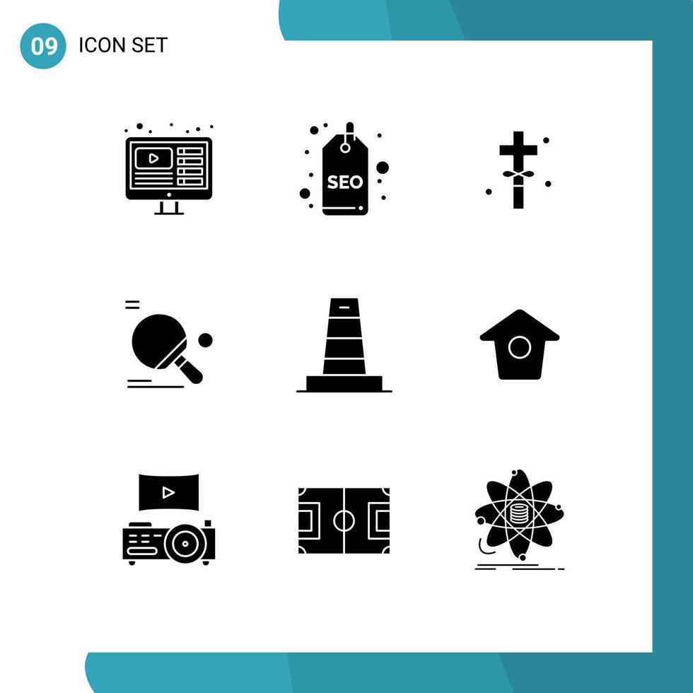 pacote de 9 sinais e símbolos de glifos sólidos modernos para mídia impressa na web, como raquete de tênis de mesa cruzada de negócios, elementos de design de vetores editáveis