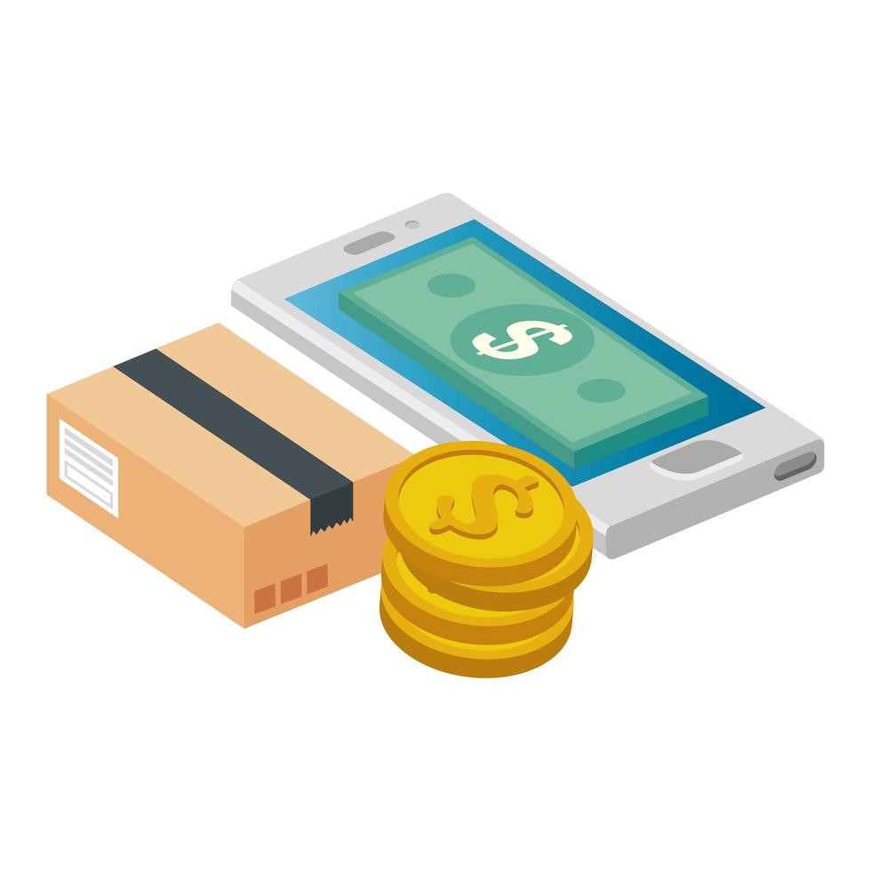 smartphone com moedas de pilha e pacote de caixa vetor
