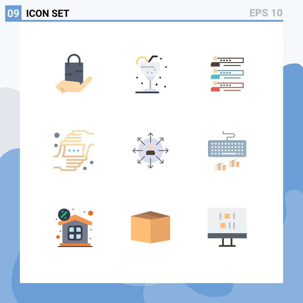 pacote de 9 sinais e símbolos modernos de cores planas para mídia impressa na web, como estatísticas de quadro, configurações de gelo, pessoas, elementos de design vetorial editáveis vetor