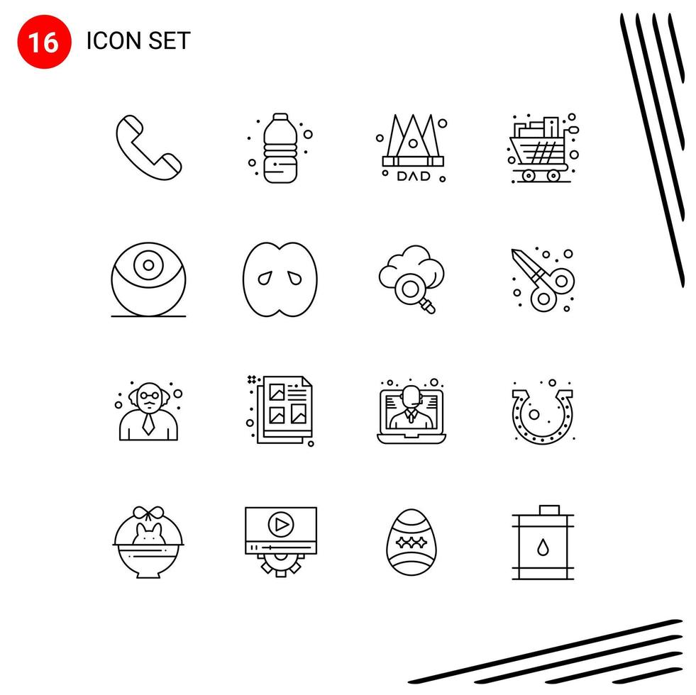 pacote de ícones vetoriais de estoque de 16 sinais e símbolos de linha para coroa de compras de morte, carrinho de mantimentos, elementos de design de vetores editáveis