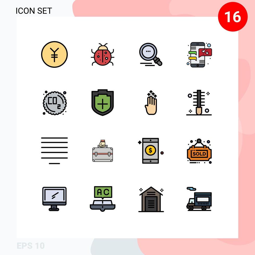 16 linhas preenchidas de cores planas universais definidas para a web e aplicativos móveis poluição co pesquisa conversa de telefone móvel elementos de design de vetores criativos editáveis