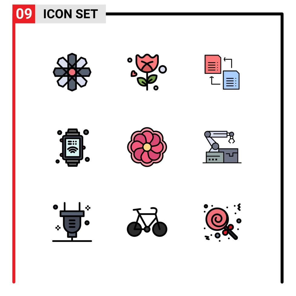 grupo de símbolos de ícone universal de 9 cores planas de linha preenchida modernas de arquivo de flor aumatado girassol internet elementos de design de vetores editáveis