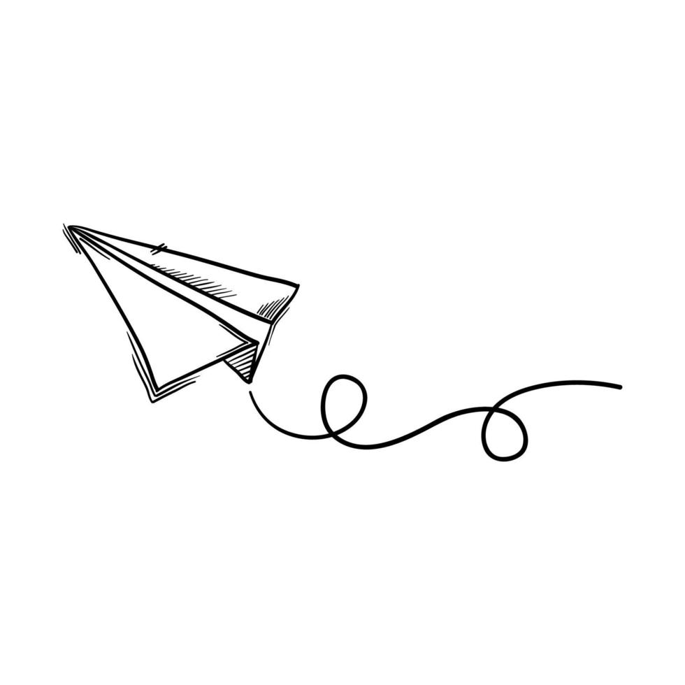 doodle vetor de avião de papel isolado no fundo branco. ícone de linha de símbolo de viagem e rota.
