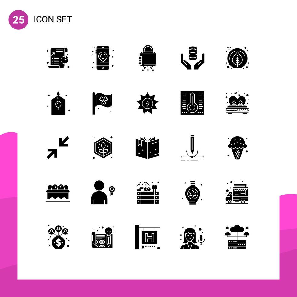 grupo de símbolos de ícone universal de 25 glifos sólidos modernos de elementos de design de vetor editável de proteção de banco de dados seo de mão segura