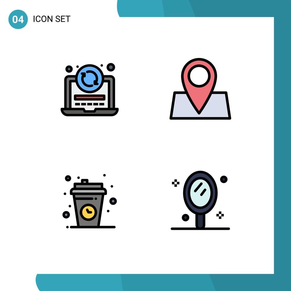 grupo de 4 sinais e símbolos de cores planas de linha preenchida para laptop, codificação de café, mapa, xícara, elementos de design vetorial editáveis vetor