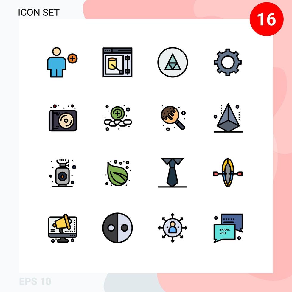 pacote de 16 linhas cheias de cores planas criativas de configuração de dispositivo simbolismo de engrenagem da web elementos de design de vetores criativos editáveis