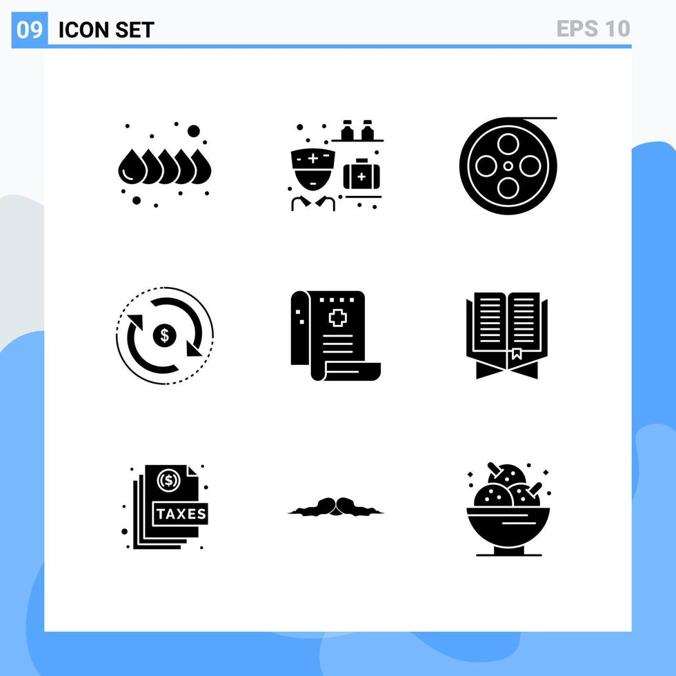 conjunto de pictogramas de 9 glifos sólidos simples de história, dinheiro, mercado de filmes, finanças, elementos de design de vetores editáveis