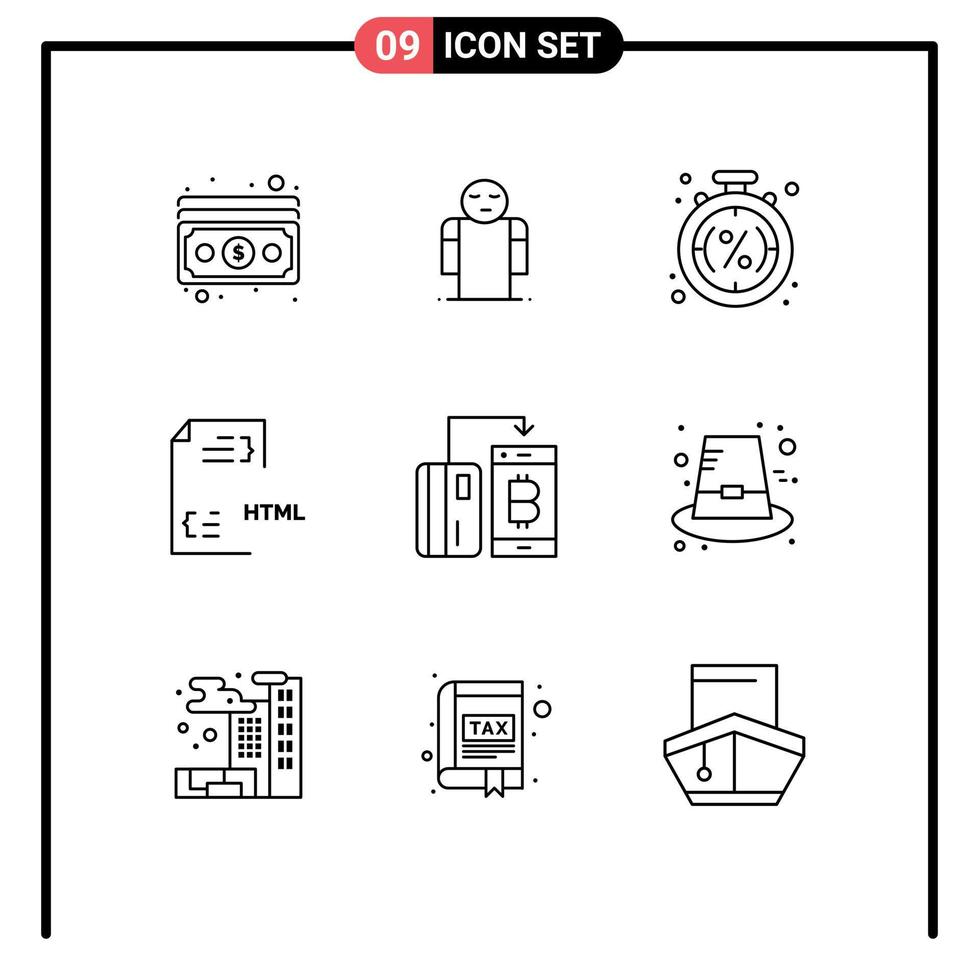 9 ícones criativos sinais modernos e símbolos de desconto de desenvolvimento html desenvolvem elementos de design de vetores editáveis de compras