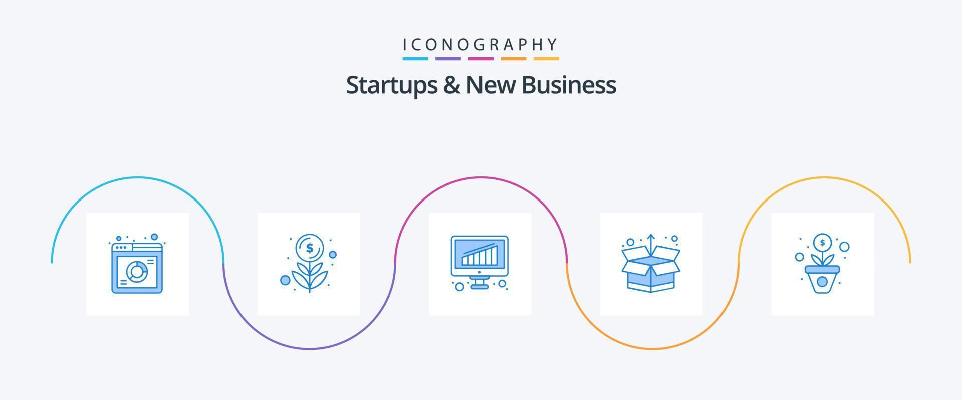 startups e novo pacote de ícones azul 5 de negócios, incluindo crescer. pacote. planta de dinheiro. abrir. on-line vetor