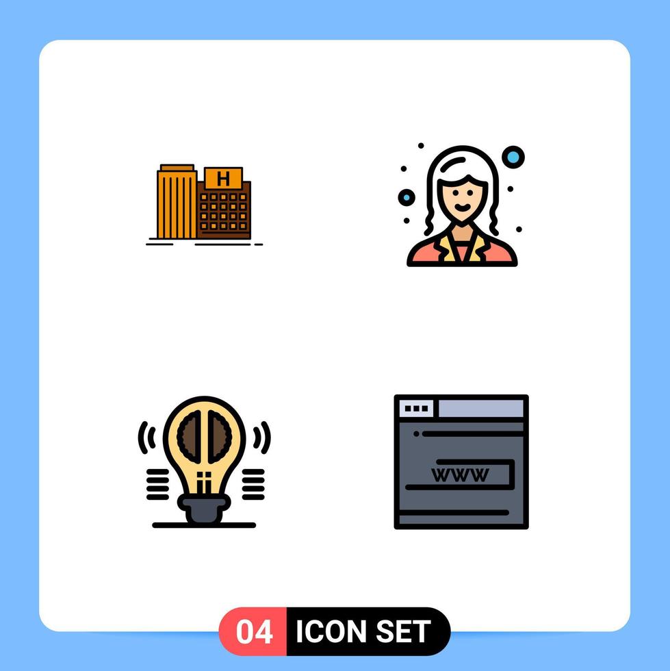 conjunto de cores planas de linha preenchida de interface móvel de 4 pictogramas de elementos de design de vetores editáveis de pensamento criativo de funcionários de construção de cérebro de hospital