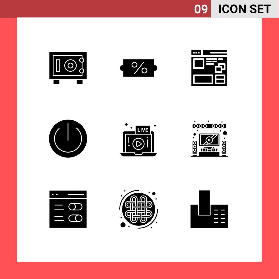 9 sinais de glifos sólidos universais símbolos de elementos de design de vetores editáveis de poder de vídeo da página de reprodução do alto-falante