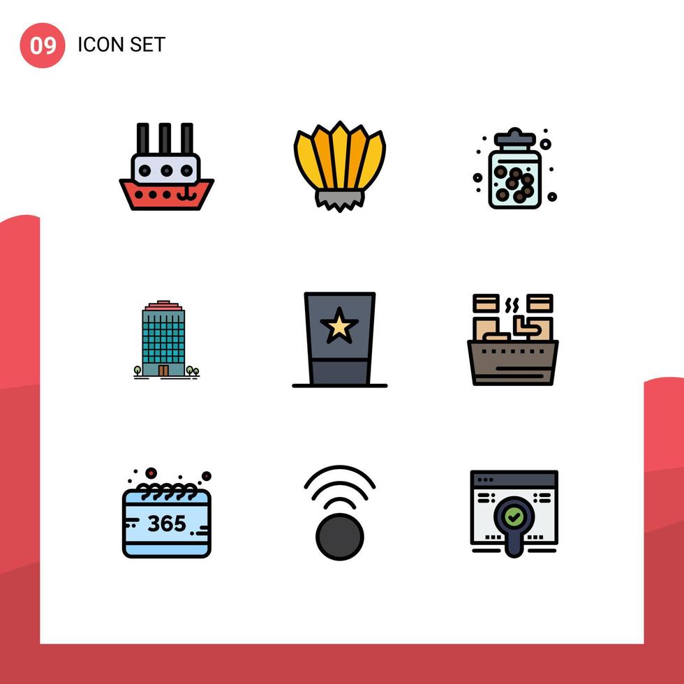 pacote de 9 cores planas de linhas preenchidas criativas de elementos de design de vetores editáveis de comida de construção de escritório espacial ao ar livre