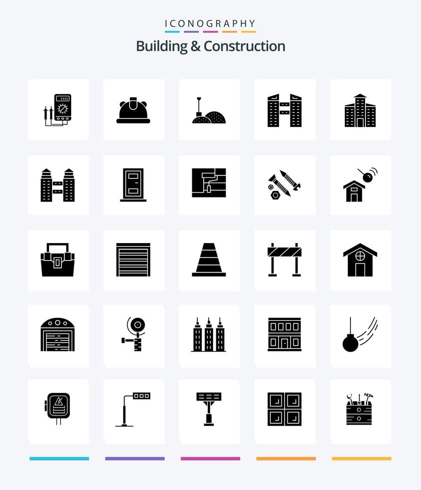 construção criativa e construção 25 pacote de ícones preto sólido glifo, como construção. cidade. construção. prédio. cidade vetor