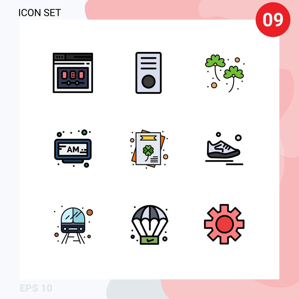 pacote de cores planas com linha preenchida de 9 símbolos universais do tempo sou gadget alarme elementos de design de vetores editáveis irlandeses