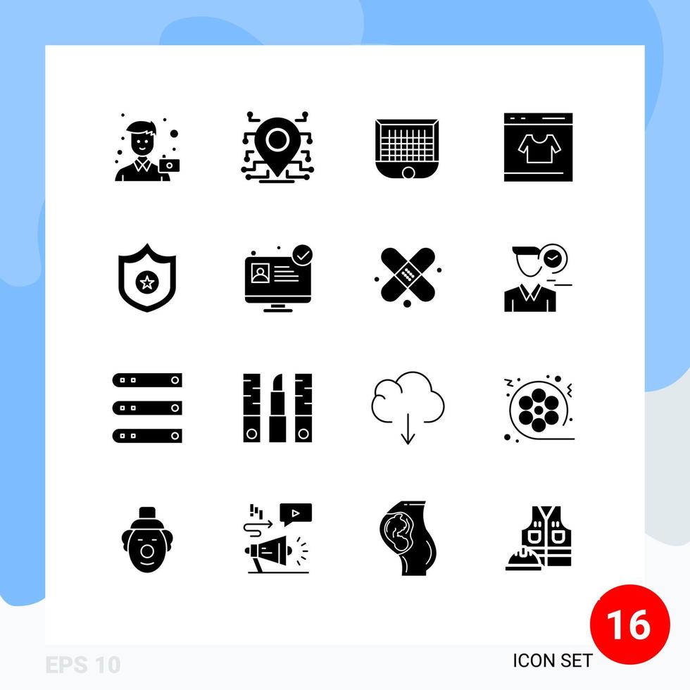 grupo de símbolos de ícones universais de 16 glifos sólidos modernos de elementos de design de vetores editáveis de cartão de segurança de crédito de loja