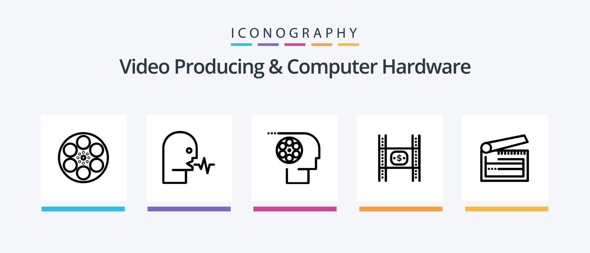 produção de vídeo e pacote de ícones de linha 5 de hardware de computador, incluindo dinheiro. custos. estátua. orçamento. estúdio. design de ícones criativos vetor