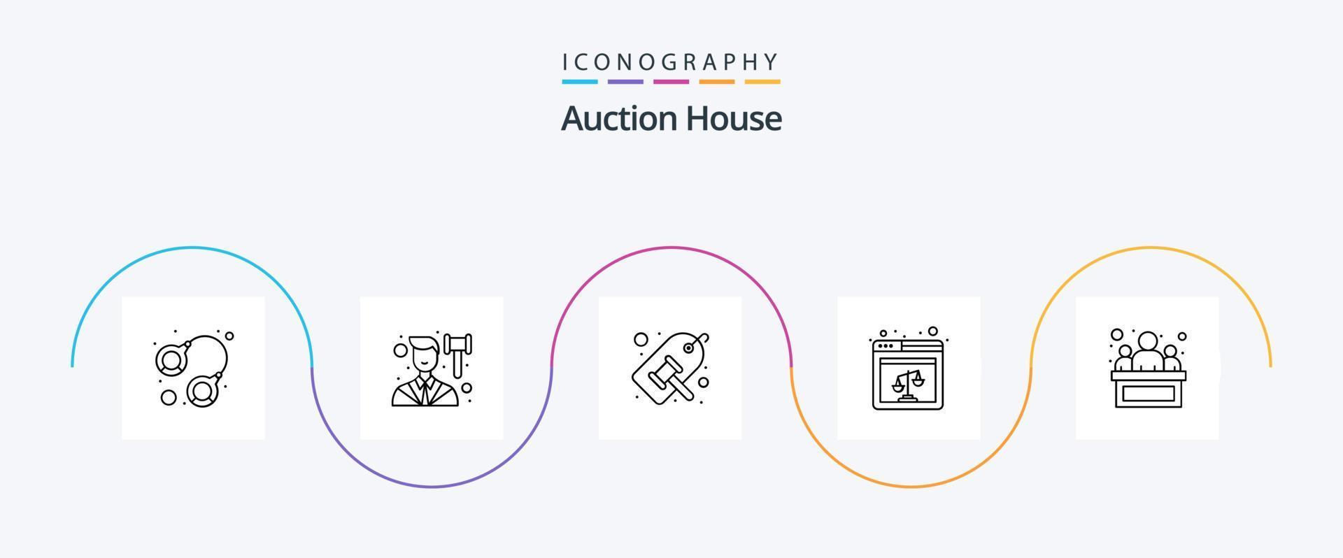 pacote de ícones de linha de leilão 5, incluindo juiz. rede. lei. marcação. rótulo vetor