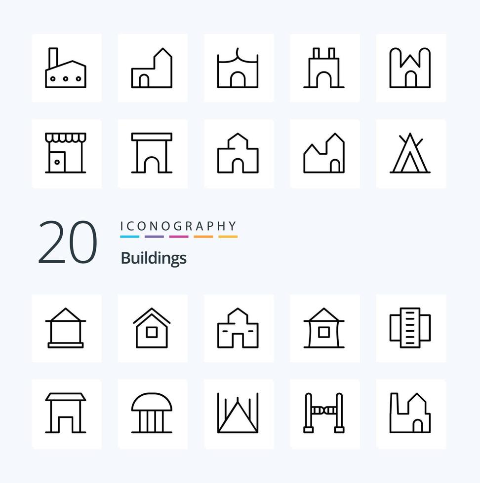 Pacote de ícones de linha de 20 edifícios, como mercado de construção de apartamentos de tribunal de justiça vetor