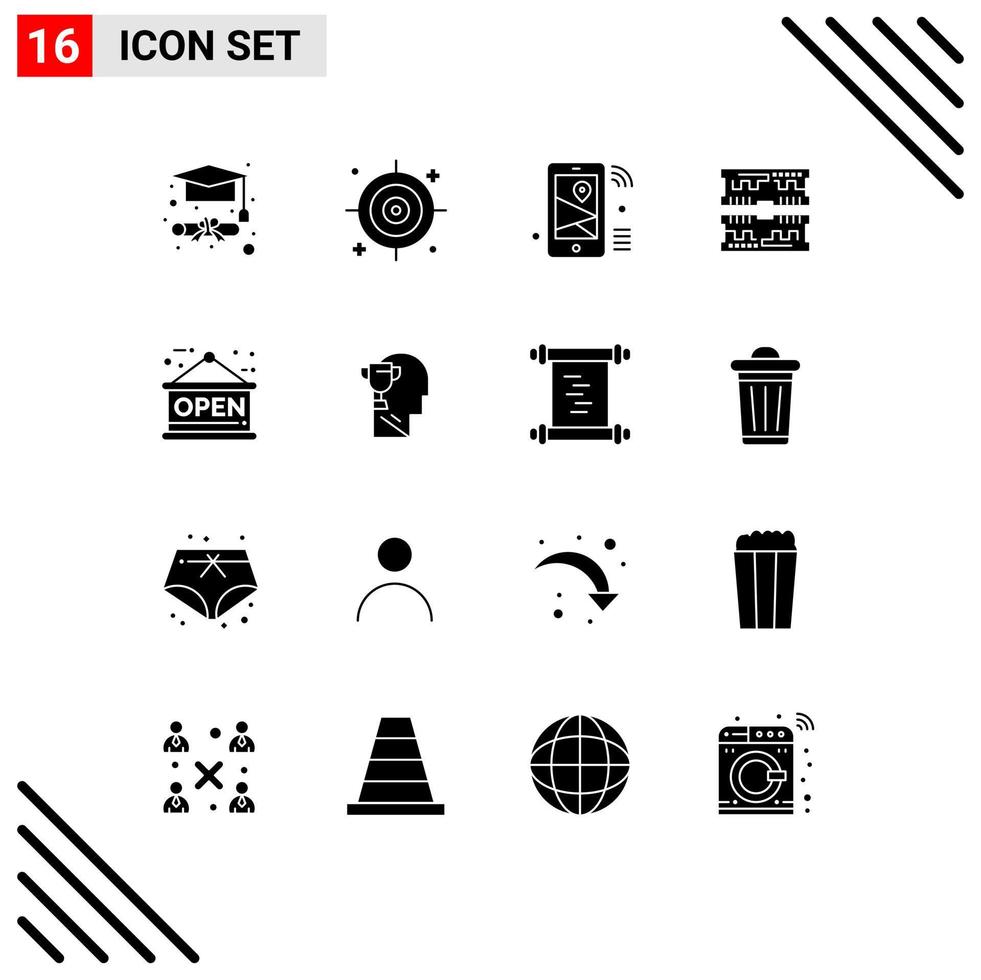 grupo de símbolos de ícones universais de 16 glifos sólidos modernos de localização do painel da loja, componente dimm, elementos de design vetorial editáveis vetor