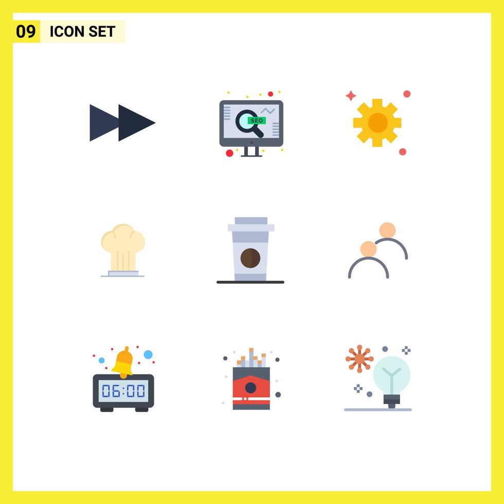 Pacote de cores planas de 9 interfaces de usuário de sinais e símbolos modernos de engrenagens de bebida de usuário, chapéu de café, elementos de design vetorial editáveis vetor