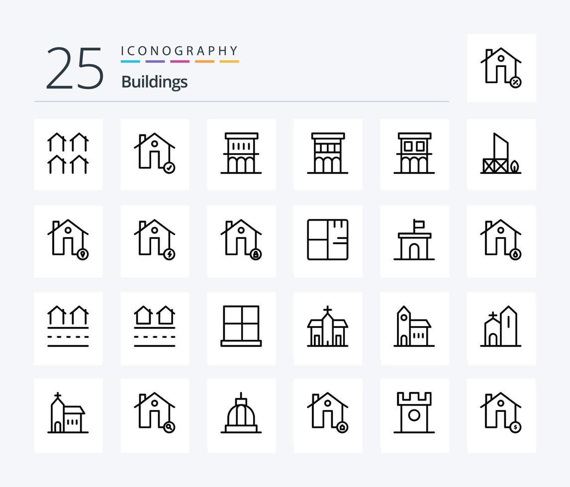 Pacote de ícones de 25 linhas de edifícios, incluindo salva-vidas. baywatch. Estado. residência. casa vetor