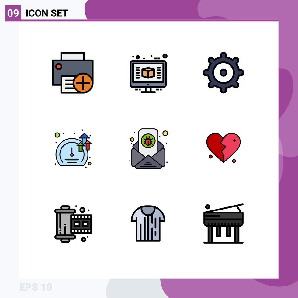 conjunto de 9 pacotes comerciais de cores planas de linha preenchida para bug de vírus de e-mail renderizar elementos de design de vetores editáveis de software de crescimento
