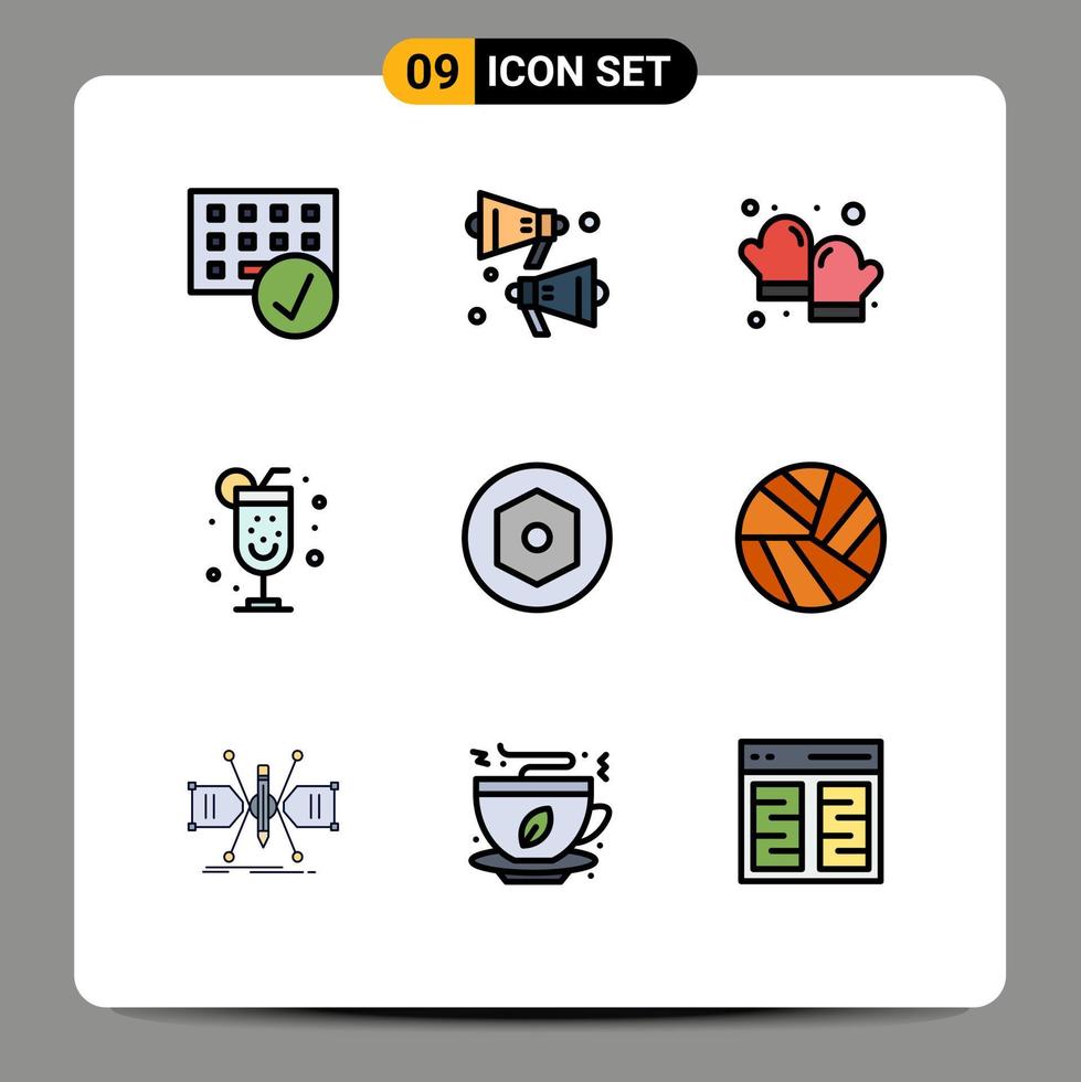 9 interface do usuário pacote de cores planas de linha cheia de sinais e símbolos modernos de elementos de design de vetores editáveis de álcool interno de festa assada