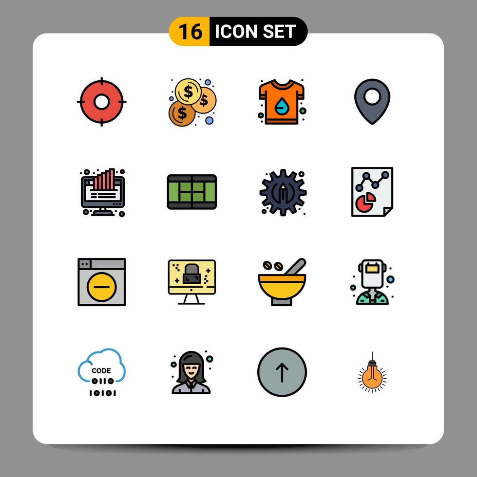 grupo de símbolos de ícone universal de 16 linhas preenchidas de cores planas modernas de localização de pinos de marca de gráfico de computador editáveis elementos de design de vetor criativo