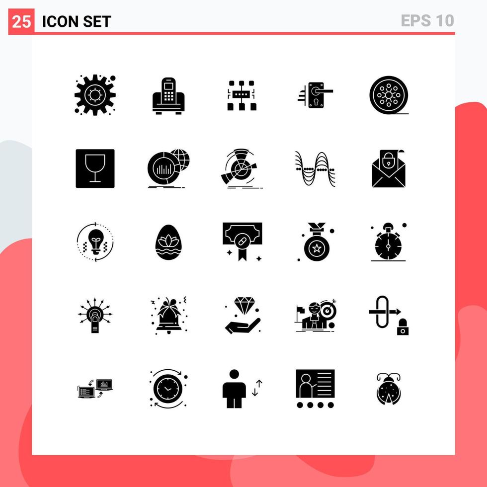 conjunto de 25 sinais de símbolos de ícones de interface do usuário modernos para bobina de filme, programa doméstico, porta de fechadura, elementos de design de vetores editáveis