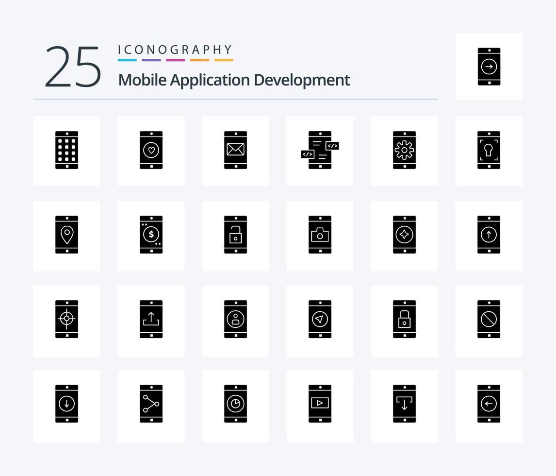 desenvolvimento de aplicativos móveis 25 pacotes de ícones de glifos sólidos, incluindo aplicativo. div. coração. Setas; flechas. correspondência vetor