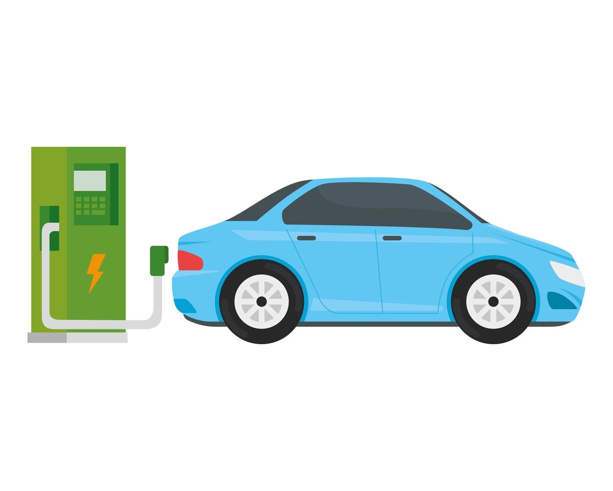 posto de gasolina ecológico elétrico com carro azul claro vetor