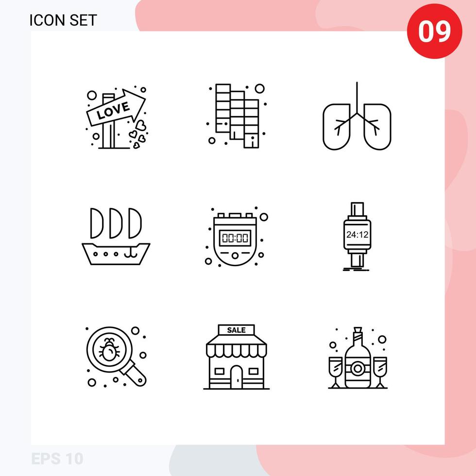 grupo de símbolos de ícone universal de 9 contornos modernos de smartwatch relógio pulmões cronômetro cronômetro editável elementos de design vetorial vetor