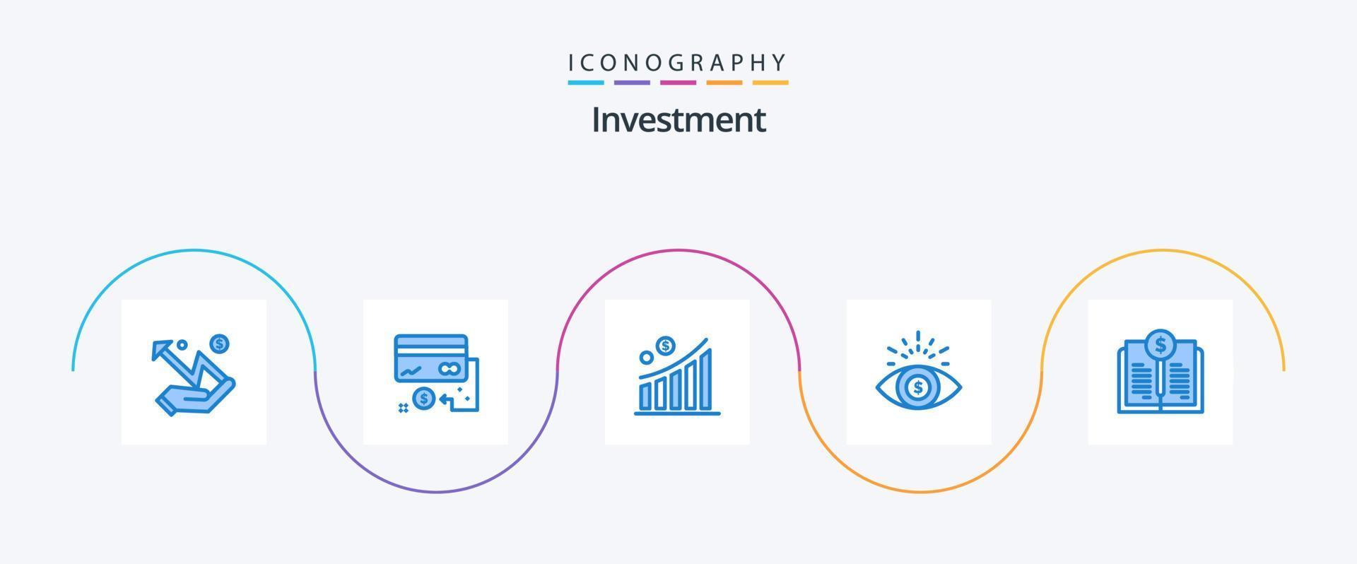 pacote de ícones de investimento azul 5, incluindo valor contábil. olho de dinheiro. marketing. investimento. estatística vetor