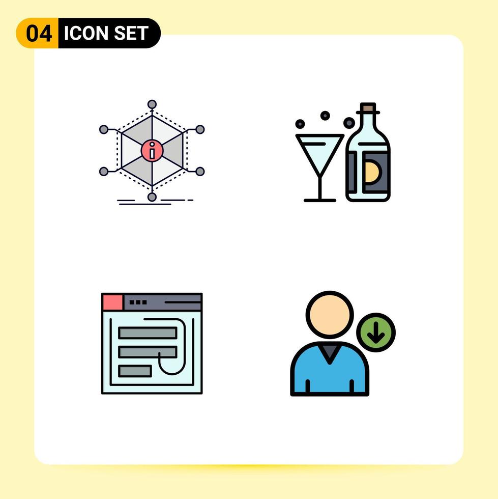 4 sinais de cores planas de linhas preenchidas universais símbolos de informações de vidro de dados hack de vinho elementos de design de vetores editáveis