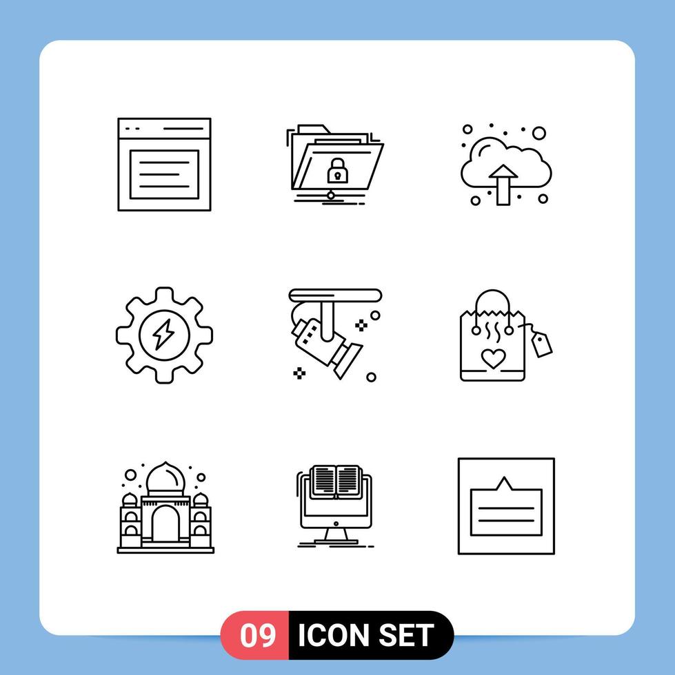 9 ícones criativos, sinais modernos e símbolos de engrenagem de rede de processo eletrônico, upload de elementos de design vetorial editáveis vetor
