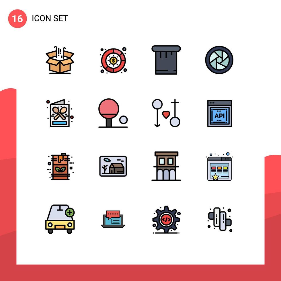 interface móvel linha cheia de cor plana conjunto de 16 pictogramas de bebida café dinheiro lentes da câmera acessórios da câmera elementos de design de vetores criativos editáveis