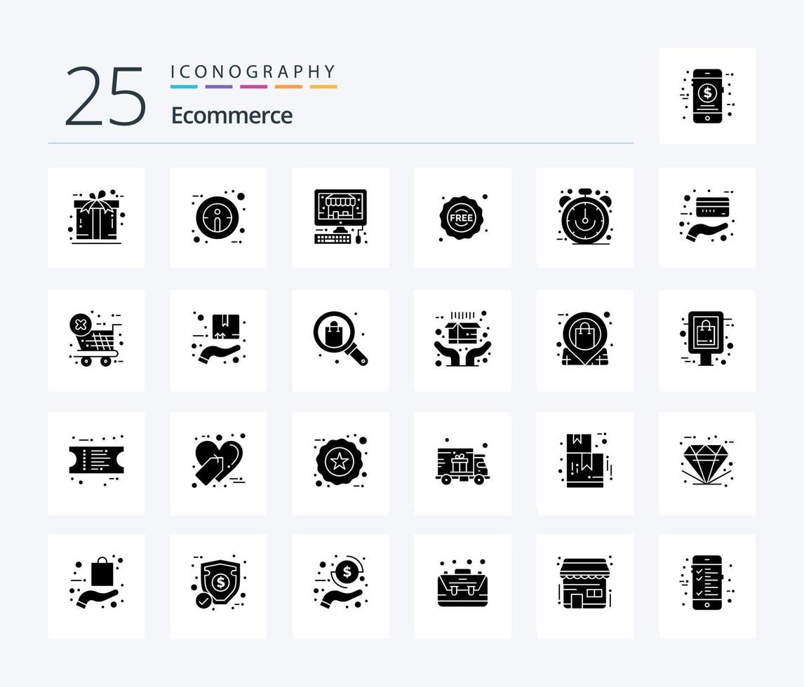 pacote de ícones de glifos sólidos de comércio eletrônico 25, incluindo venda. comércio eletrônico. pc. relógio. adesivo vetor