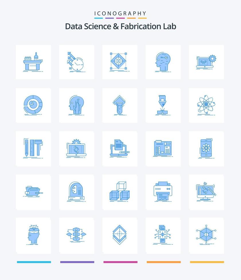 laboratório de ciência e fabricação de dados criativos 25 pacote de ícones azuis, como hacking. cérebro. regularidades. preparação. grade vetor