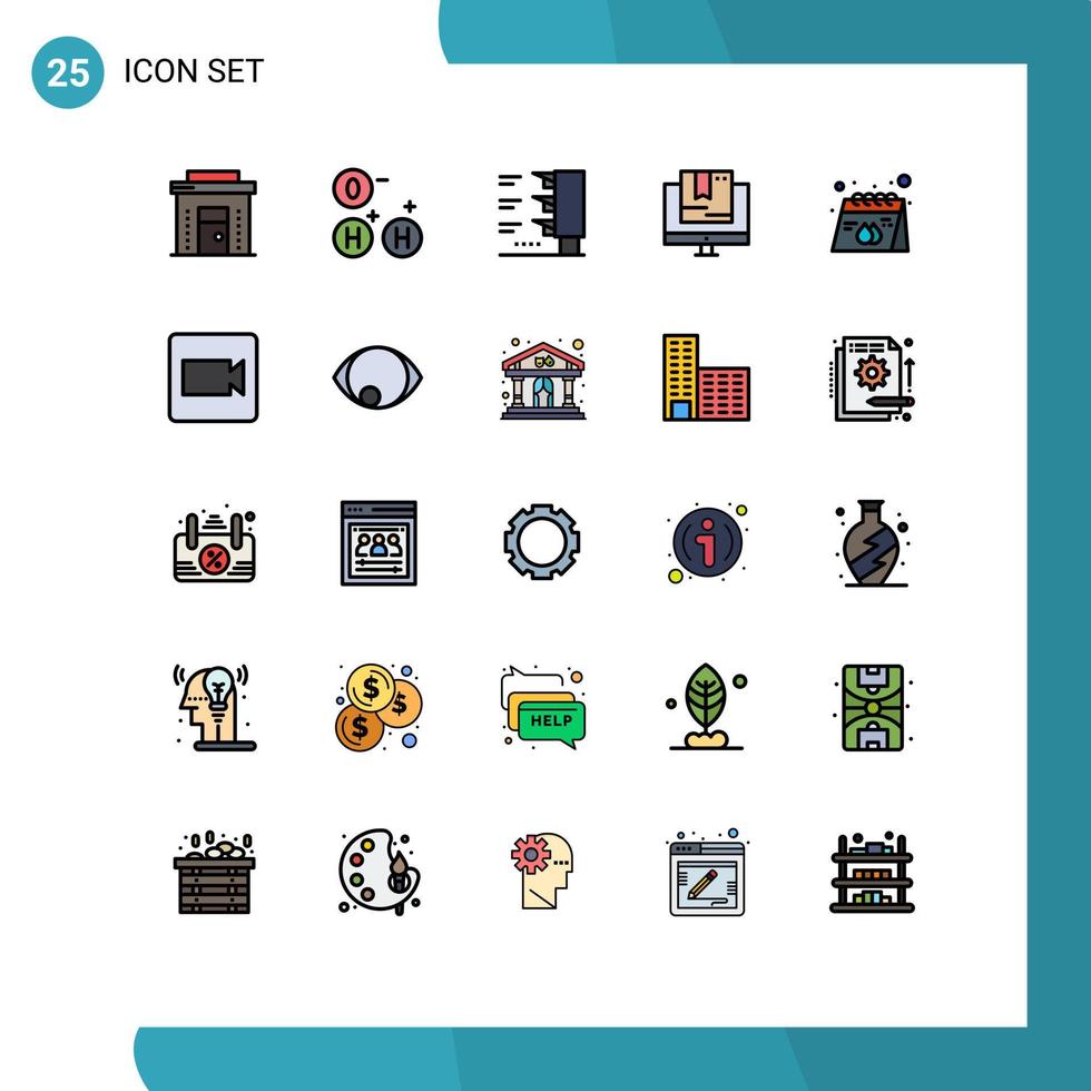 pacote de 25 sinais e símbolos modernos de cores planas de linha preenchida para mídia impressa na web, como loja de tráfego de tecnologia de calendário e elementos de design vetorial editáveis vetor